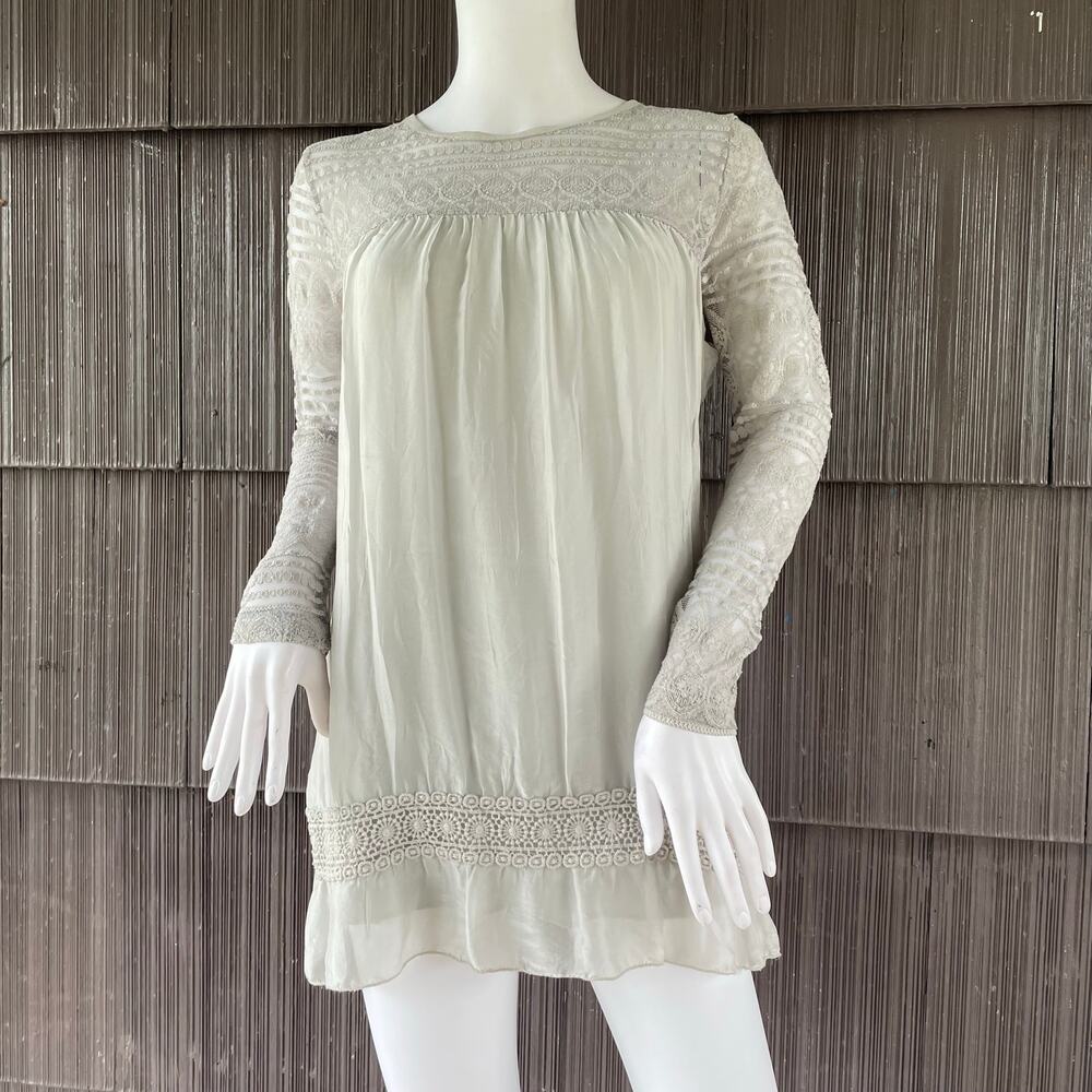 🔥100% Silk From Italy Gray Blouse Sheer Lace Coquette Feminine Boho Cottagecore